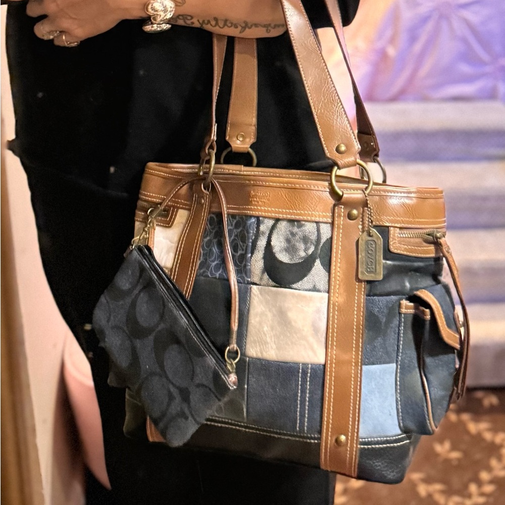 Vintage Coach Patchwork Shoulder Bag Denim & Leather with matching Wristlet NWOT